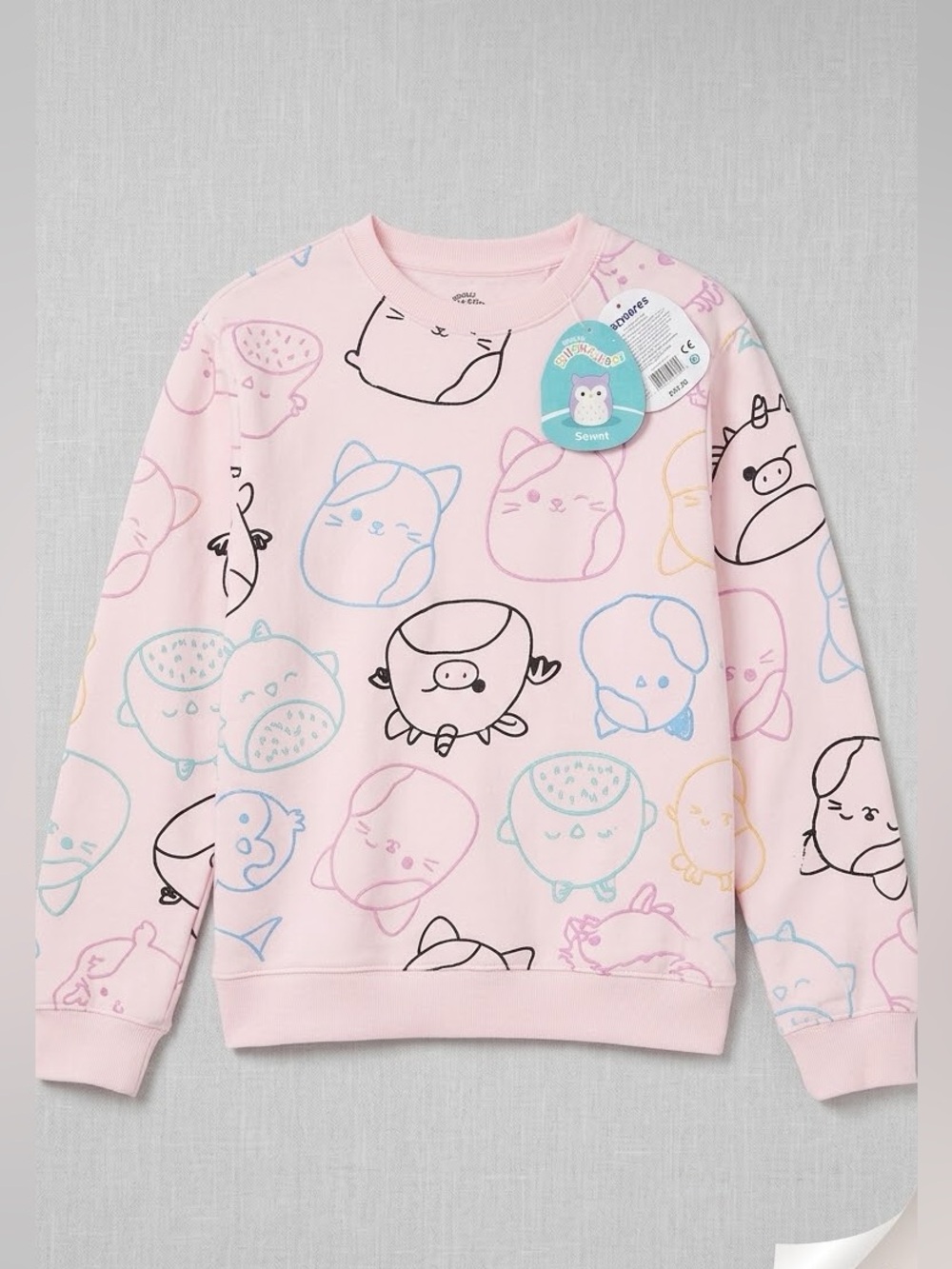 NWT Squishmallows Pink Pastel Line Art Graphic Crewneck Sweatshirt Girls Large